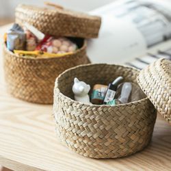 weaving snack storage box - handmade storage baskets - wicker wardrobe table round gift box - wicker seagrass flower pot