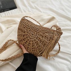 fashion semicircle straw woven shoulder crossbody bag - travel small handbag - ladies summer handmade rattan tassel desi