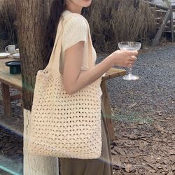 women large capacity knitted shoulder bags - retro hollow woven knitted braid shopping tote - shopper bags crochet handb