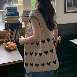 1pc love heart graphic knitted tote bag - fashion woven shoulder bag - aesthetic crochet bag for women