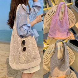 knitted shoulder bags - fashion hollow woven large capacity crochet bag - solid color shopping tote for women girls.