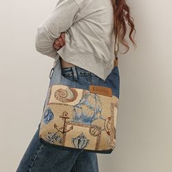 handmade denim and tapestry hobo bag, shoulder bag, textile h bag, eco friendly bag, crossbody bag