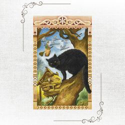 cross stitch pattern about the cat and baba yaga from slavic fairy tales