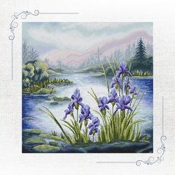 lakeside serenity cross-stitch pattern - stitch a calm lake view with iris flowers