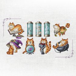 playful tabbies embroidery pattern - whimsical cat cross stitch design