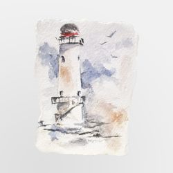 aceo original watercolor painting lighthouse 3.5 x 2.5 inches mixed media