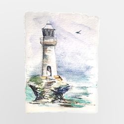 aceo original watercolor painting lighthouse faro tourlitis 3.5 x 2.5 inches mixed media