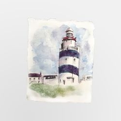 aceo original watercolor painting lighthouse hook head 2.5 x 3.5 inches mixed media