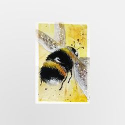 aceo original watercolor painting flying bumblebee with tanned wings 2.5 x 3.5 inches mixed media