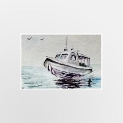 aceo original watercolor painting ship sailing on the waves 2.5 x 3.5 inches mixed media