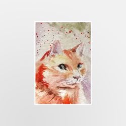 aceo original watercolor painting orange cat painted in watercolor 2.5 x 3.5 inches mixed media