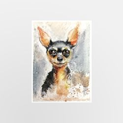 portrait chihuahua dog, aceo art, original artwork of watercolor painting 2,5x3,5" mixed media