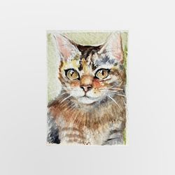 tabby cat portrait , aceo art, original artwork of watercolor painting 2,5x3,5" mixed media