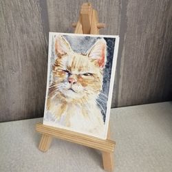 sun cat portrait , aceo art, original artwork of watercolor painting 2,5x3,5" mixed media