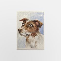 portrait cute dog, aceo art, original artwork of watercolor painting 2,5x3,5" mixed media