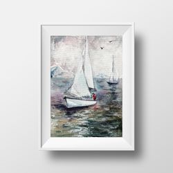 sailboat, sailing yacht hand drawn watercolor illustration