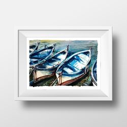 watercolor painting with fishing boats near the pier