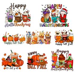 happy hallowthanksmas coffee bundle png, thanksgiving pumpkin png, coffee png, christmas logo png, instandownload