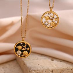 moon star necklace, universe necklace, astronomical necklace, planet necklace, space necklace, 18k gold plated