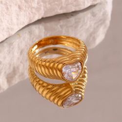 heart ring gold, signet heart ring, zircon heart ring, tarnish free ring, chunky heart ring