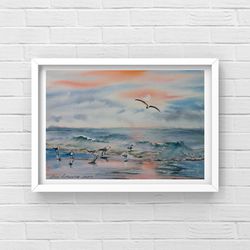 original watercolor painting seagulls 11"x15" seagulls waiting ships, seascape painting, personalized gifts, gift