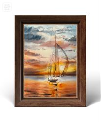 original watercolor painting sailboat in the sunset 11"x15" seaview art, yacht painting, seascape painting, watercolor s