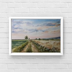 original watercolor painting august field 11"x15", original landscape painting, watercolor artwork, landscape art, water