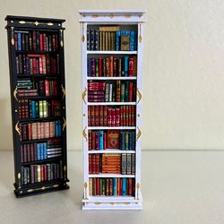 bookshelf miniature with books, white, handmade, diorama