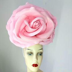 giant shiny rose fascinator kentucky derby hat, bridal headdress, wedding headwear, cocktail hat,flower hair clip, photo