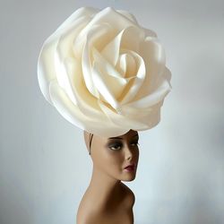 giant ivory rose fascinator kentucky derby hat, bridal headdress, wedding headwear, cocktail hat,flower hair clip, bride