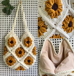 bag handmade crocheted sunflower granny square tote / market bag