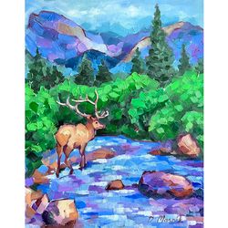 deer painting landscape original art mountain river artwork 11x14 inch wall art