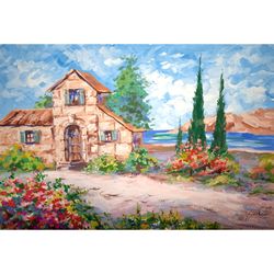 italy painting mediterranean original art landscape painting 12" by 16" houses painting