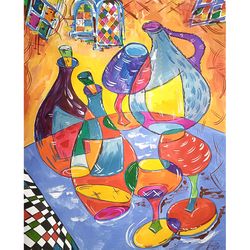 kandinsky style painting still life original art abstract artwork bottle painting 14.5" by 11.5"