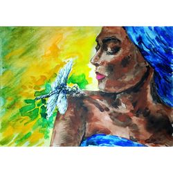 black african queen painting watercolor original art woman portrait painting 8" by 11" female art