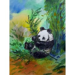 panda painting animal original art watercolor artwork above sofa art 13" by 9.5" bear painting