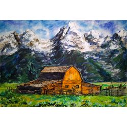 wyoming painting grang teton national park art original painting barn art 11" by 16" landscape painting