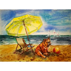 beach dog painting animal original art pet portrait 8" by 10.5" coastal artwork watercolor painting