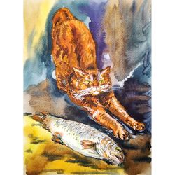 cat painting animal original art pet portrait 11" by 8" fish painting watercolor artwork