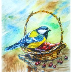 chickadee painting bird original art small artwork 8.5" by 7.5" wildlife painting above sofa art