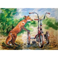 fox painting animal original art bicycle painting watercolor art 8" by 11" above sofa art