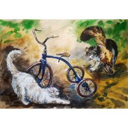 cat painting bicycle original art animal painting 8" by 11" above sofa art watercolor original