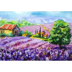 tuscany painting small watercolor original art lavender painting 5" by 7.5" italy art meadow wall art