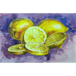 lemon painting small watercolor original art fruit wall art 5.5" by 7.5" kitchen artwork slice painting above bed art