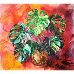 monstera painting floral watercolor original art flower wall art 13" by 14.5" plant painting above sofa art