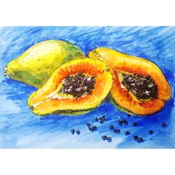 papaya painting small watercolor original art fruits wall art 5" by 7.5" kitchen painting