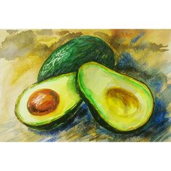 avocado painting small watercolor original art food painting 5" by 7.5" fruit art kitchen artwork