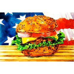 hamburger painting small watercolor original art 4.5" by 7" food painting kitchen art