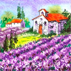 tuscany painting small watercolor original art 4" by 4" italy landscape painting lavender artwork
