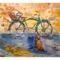 cat painting animal original art bicycle painting 10" by 11" watercolor artwork above sofa art